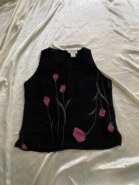 Vintage 1990s 100% Silk Navy Rose Floral Blouse Watercolor Boho Size 4